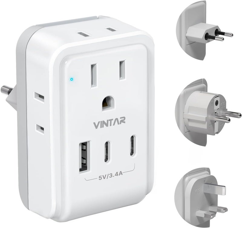 VINTAR مجموعة محول السفر الأوروبية، محول لمقبس أوروبا مع 3 منافذ USB (2 USB C) و 4 مآخذ AC، ملحقات قابلة للفصل من نوع C، G، E/F، محول طاقة دولي لأوروبا المملكة المتحدة فرنسا إيطاليا - Image 1
